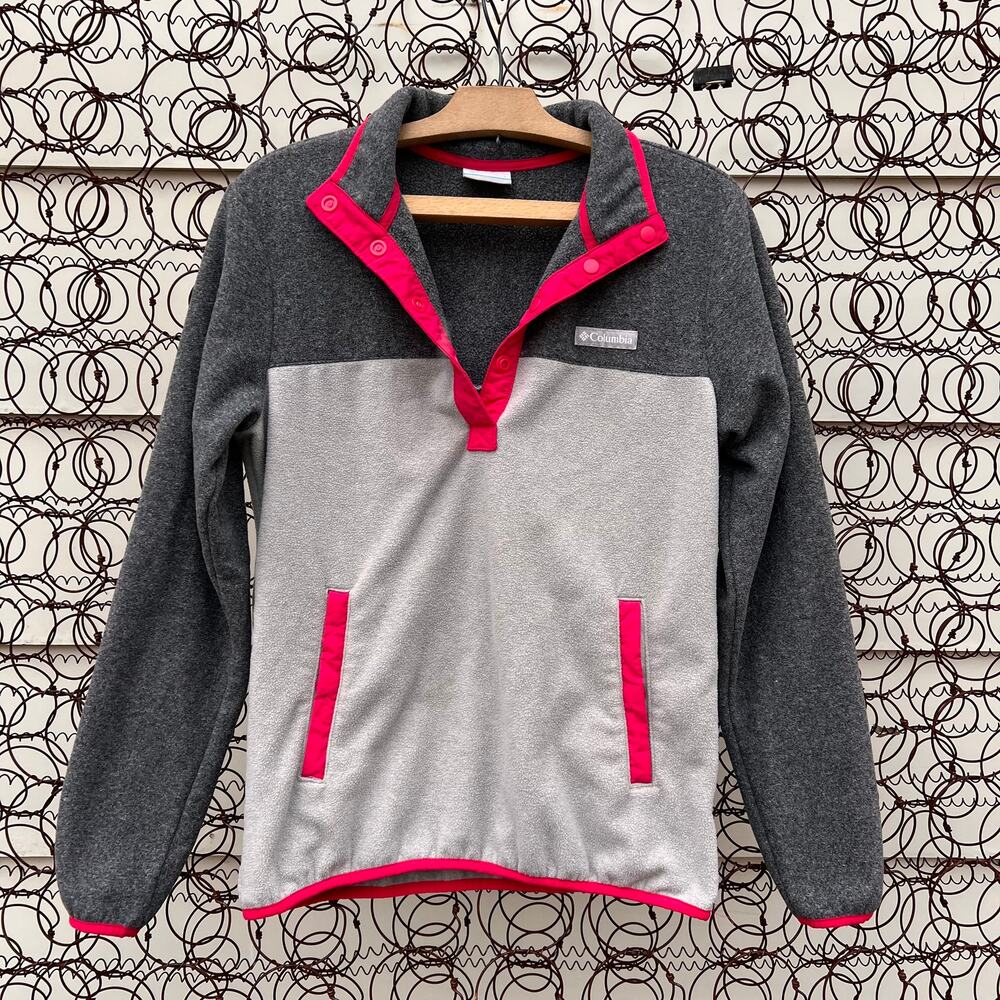 Columbia Benton Springs Snap Fleece Pullover Gray Cream Hot Pink 1/4 Zip SMALL